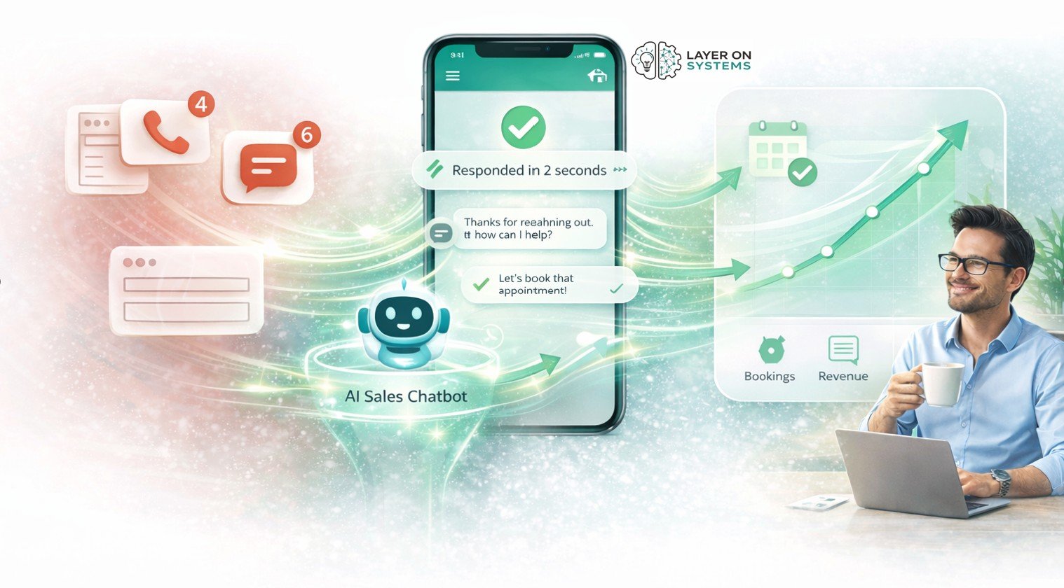 AI chatbot captures missed calls and messages instantly, converts leads into bookings, increases revenue, and creates a calm, successful business owner.